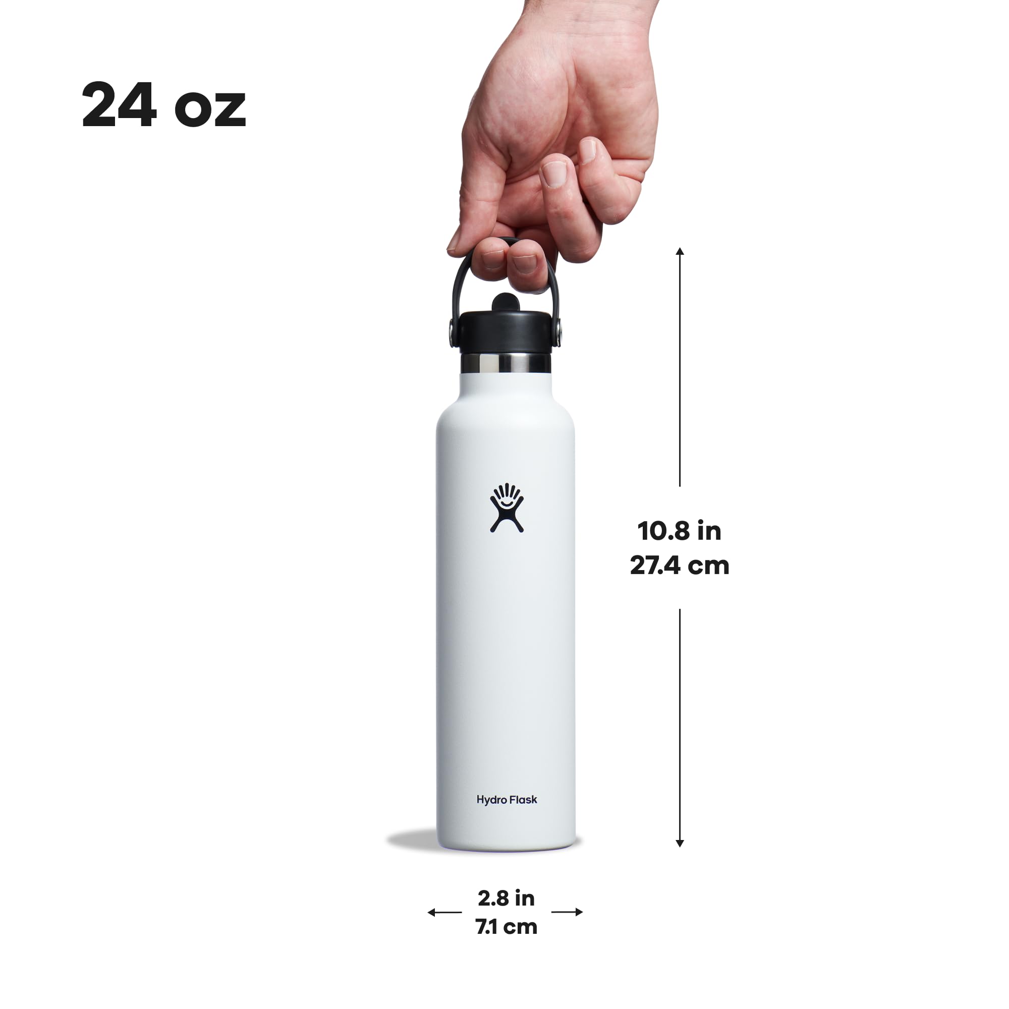 Hydro Flask next to a hand and wallet showing 24 oz size comparison benefit