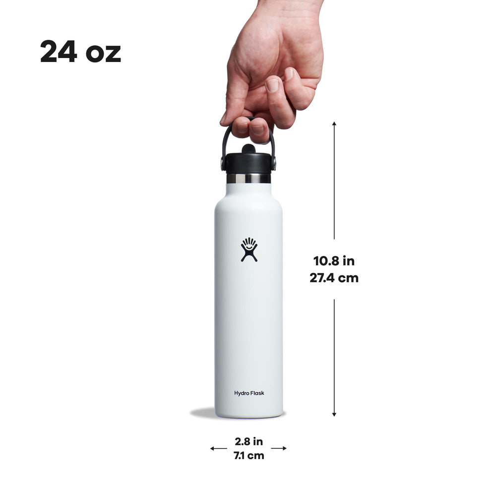 Hydro Flask next to a hand and wallet showing 24 oz size comparison benefit