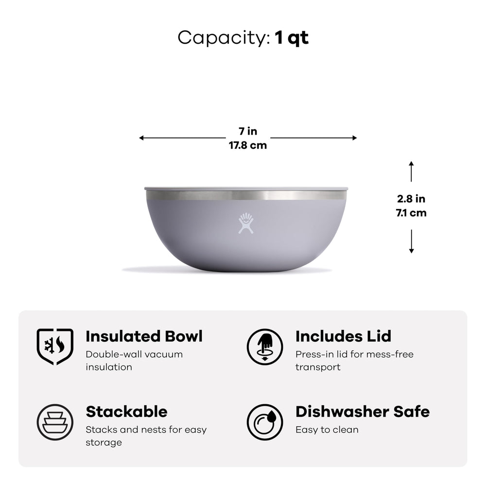Hydro Flask bowl beside utensils to show 1-quart scale and portion control benefit