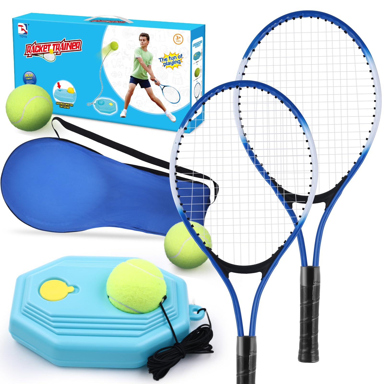 HYKCZOUS front view of blue 7-in-1 kids tennis set showing included items and portability