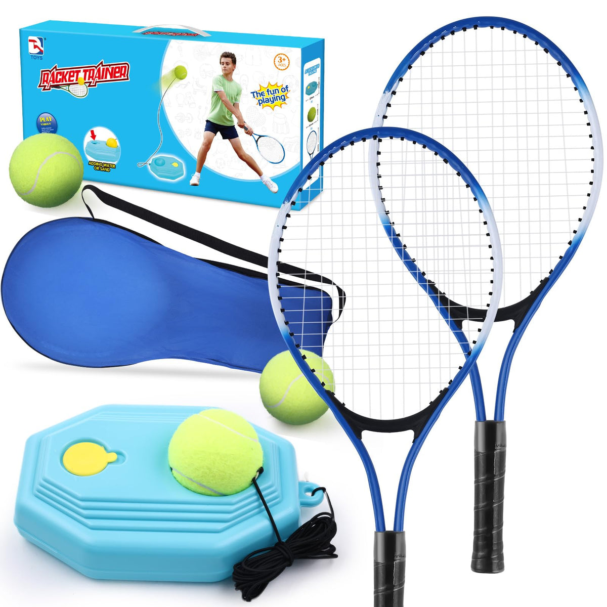 HYKCZOUS front view of blue 7-in-1 kids tennis set showing included items and portability