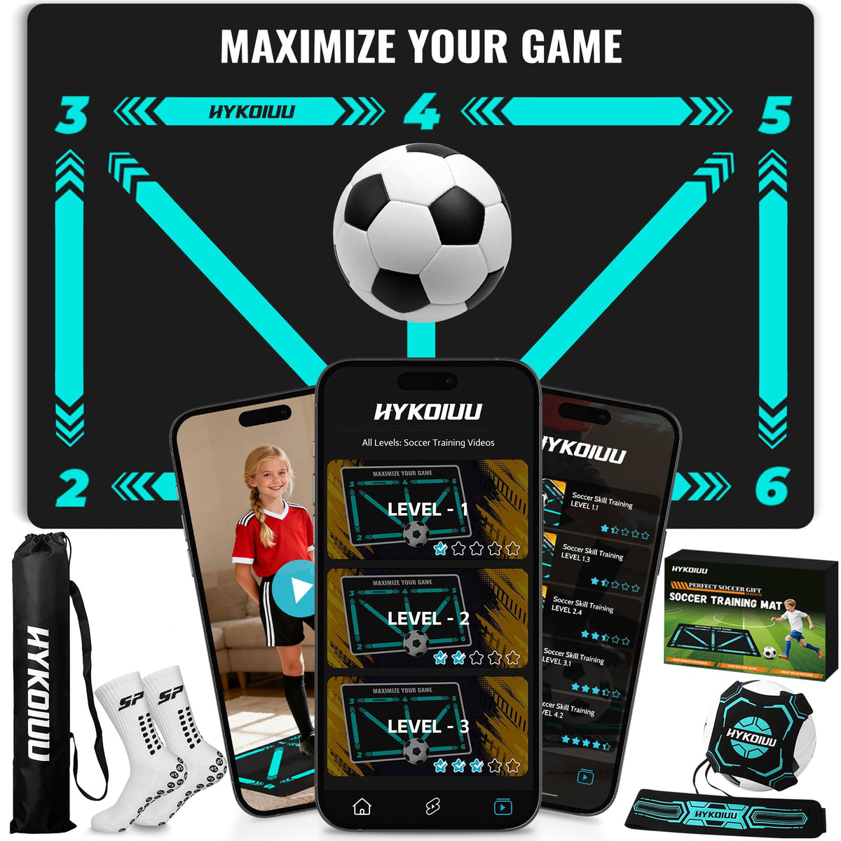 hykoiuu front packaging showing mat and accessories for easy setup