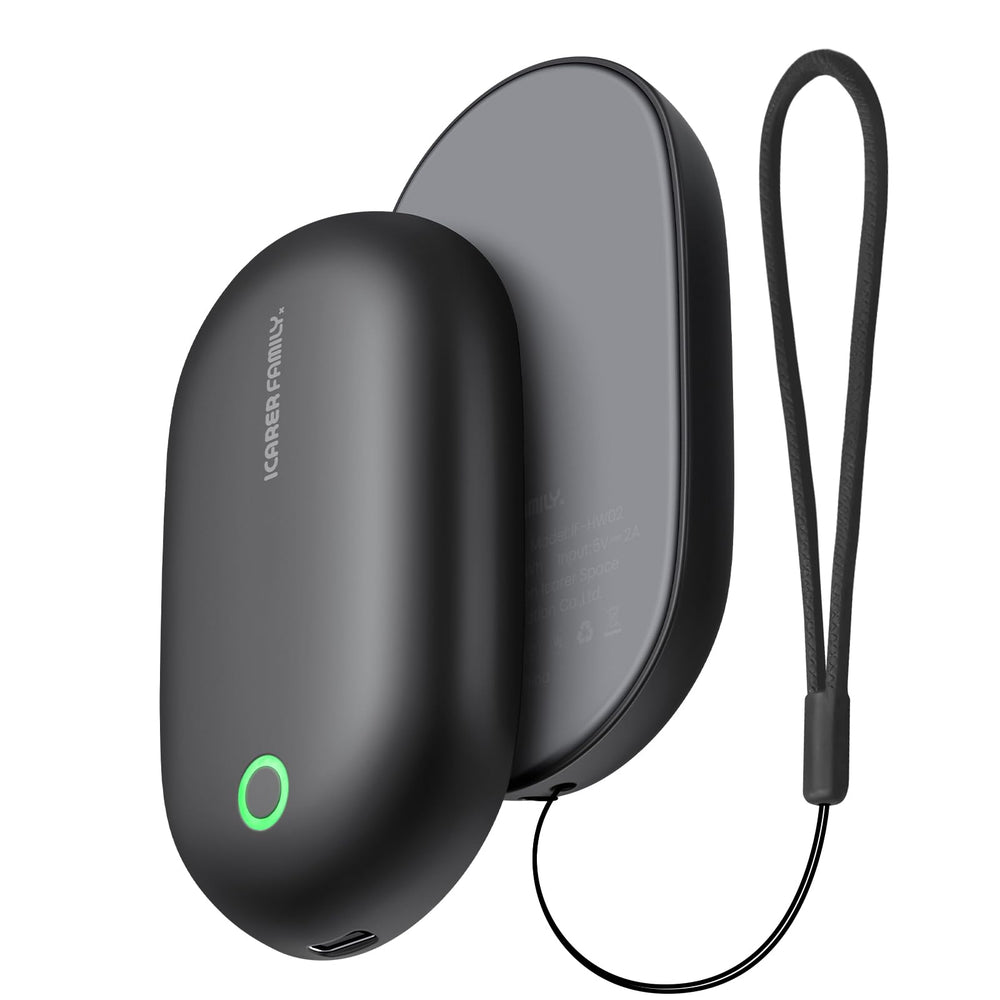 ICARER FAMILY front view of hand warmer showing slim aluminum body and controls for warmth