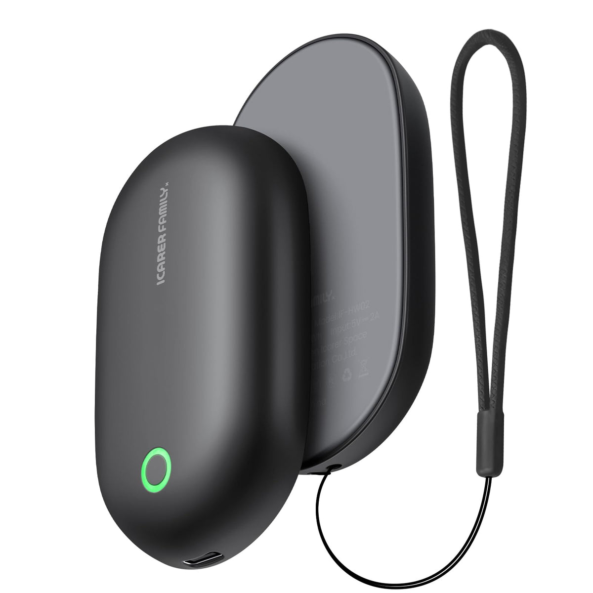 ICARER FAMILY front view of hand warmer showing slim aluminum body and controls for warmth
