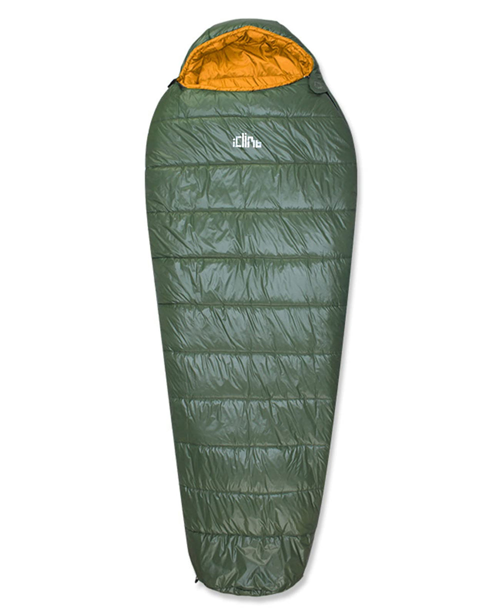 iClimb front view of green mummy sleeping bag showing shape and hood for warmth