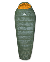 iClimb front view of green mummy sleeping bag showing shape and hood for warmth