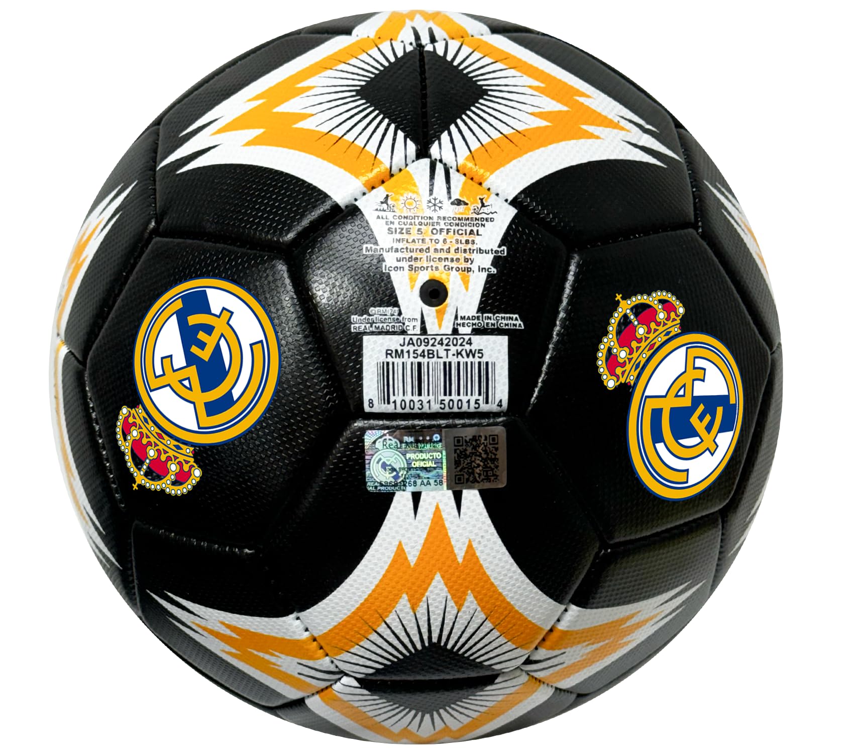 Icon Sports Real Madrid size comparison showing Size 5, Size 4 and Size 2 for selection
