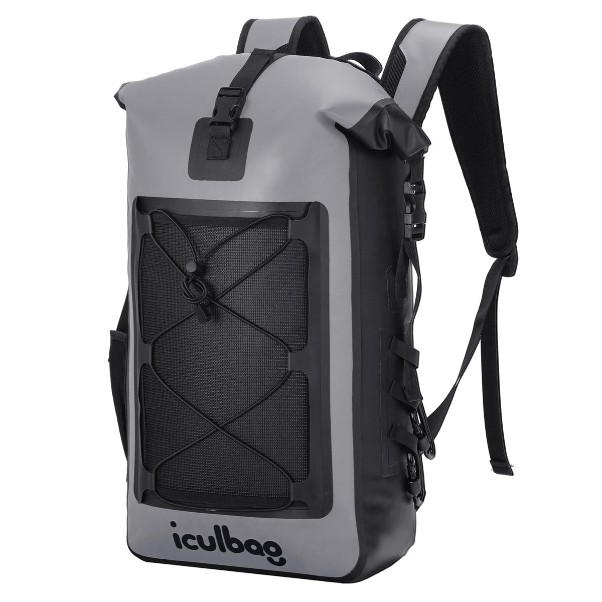 iculbag front view of waterproof dry backpack showing roll-top and exterior pockets for organized storage