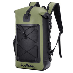 iculbag front view of the armygreen dry backpack showing storage and protection