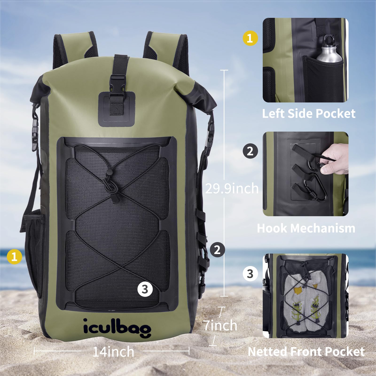 iculbag close-up of roll-top seal demonstrating watertight closure benefit