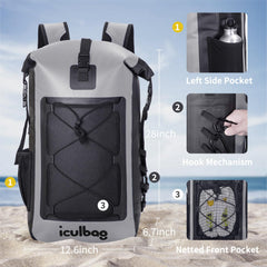 iculbag close-up of roll-top PVC sealing membrane and carabiner clip to keep contents dry