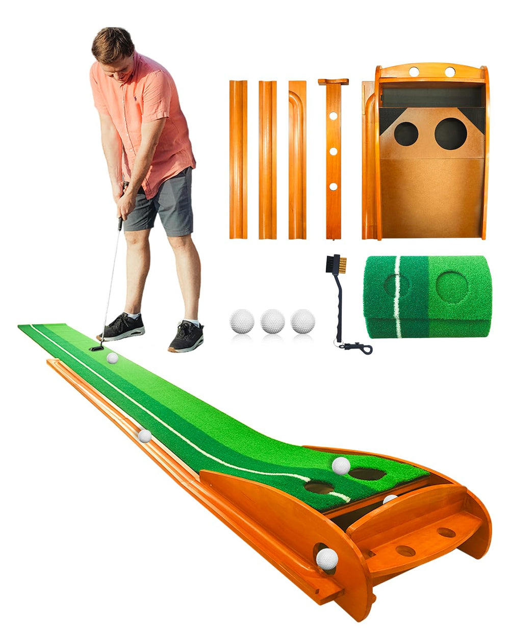 IDEASSKY putting mat front view showing full 9 ft orange wood frame and green surface for realistic practice