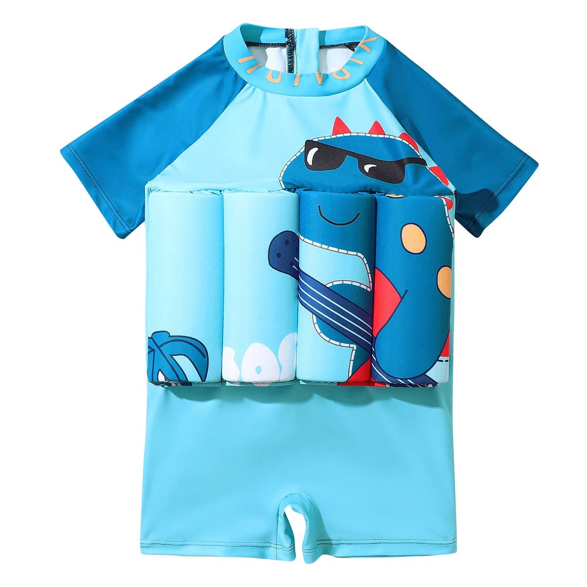 IDOPIP front view blue dinosaur float suit showing fit and bright print