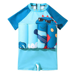 IDOPIP front view blue dinosaur float suit showing fit and bright print