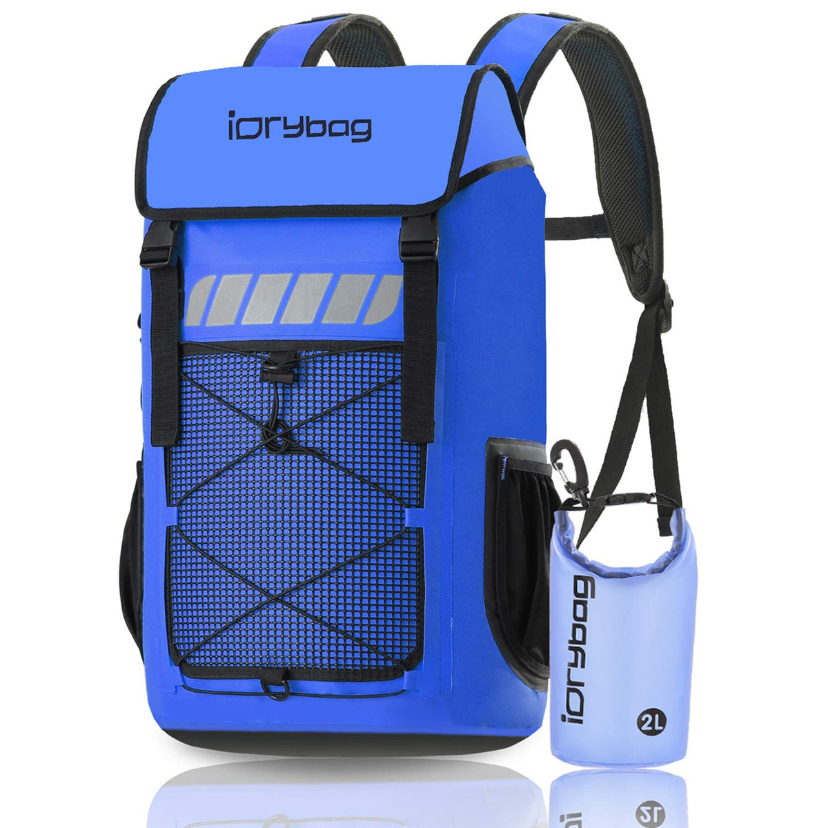 IDRYBAG front view showing roll-top closure and waterproof benefit