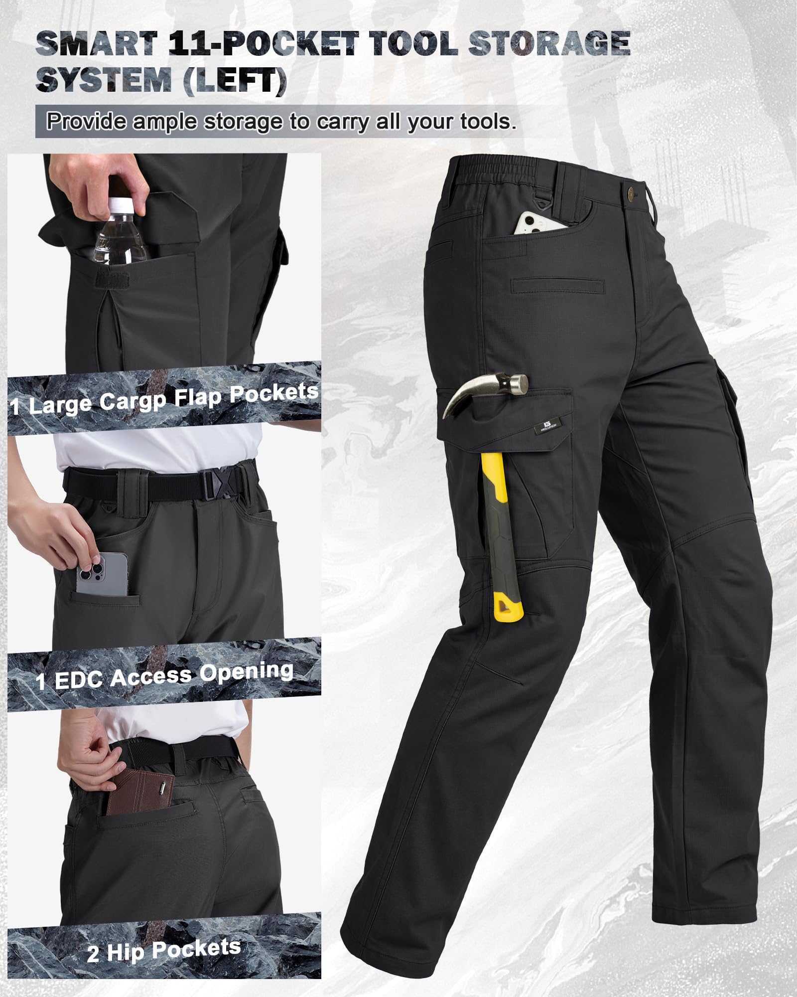 IGOLUMON widened belt loops and elastic waistband supporting heavy tool belts