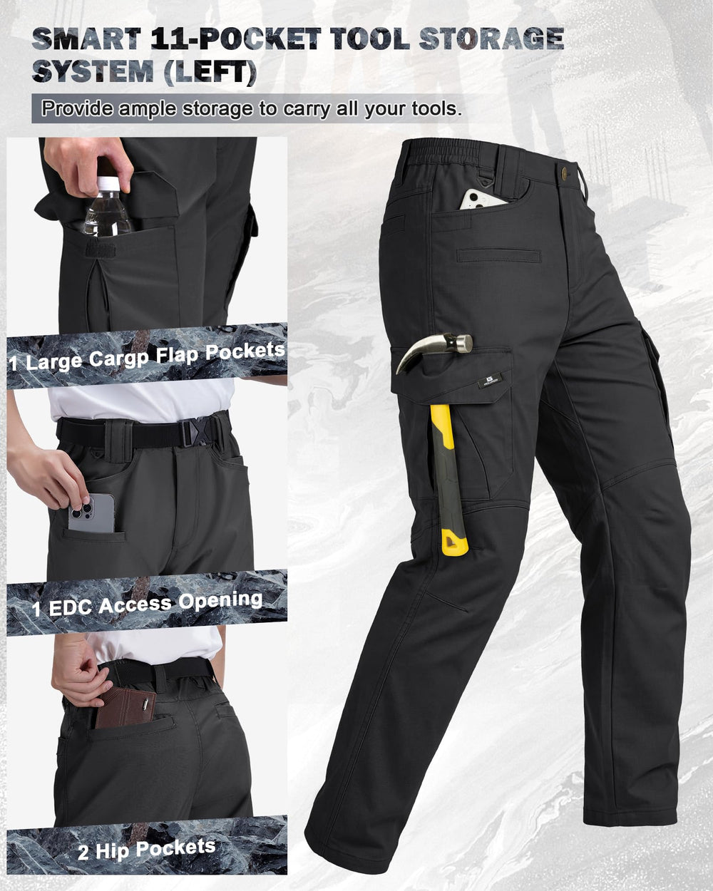 IGOLUMON widened belt loops and elastic waistband supporting heavy tool belts