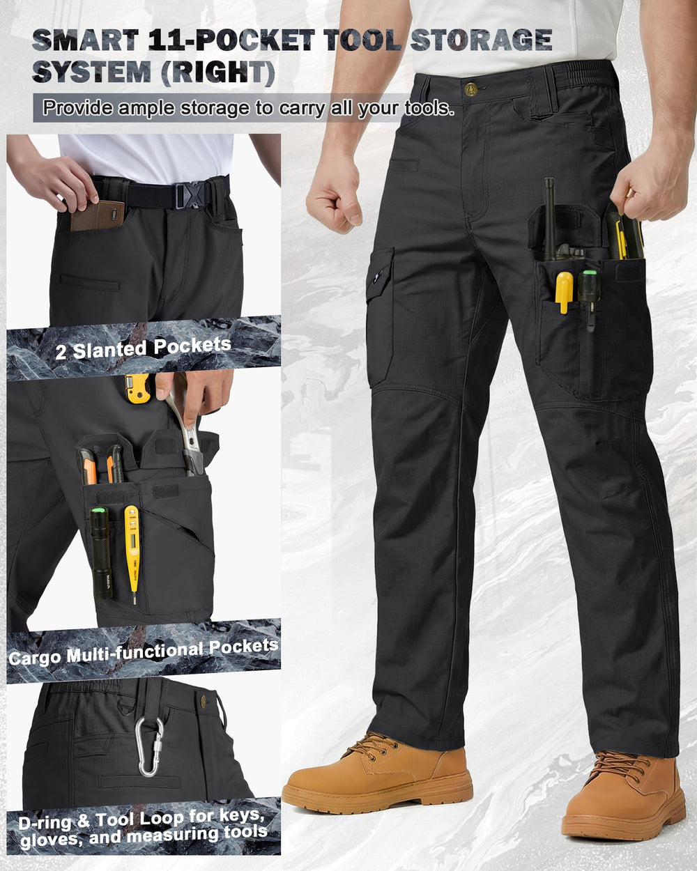 IGOLUMON cargo pockets open displaying phone, pen slots, and secure storage
