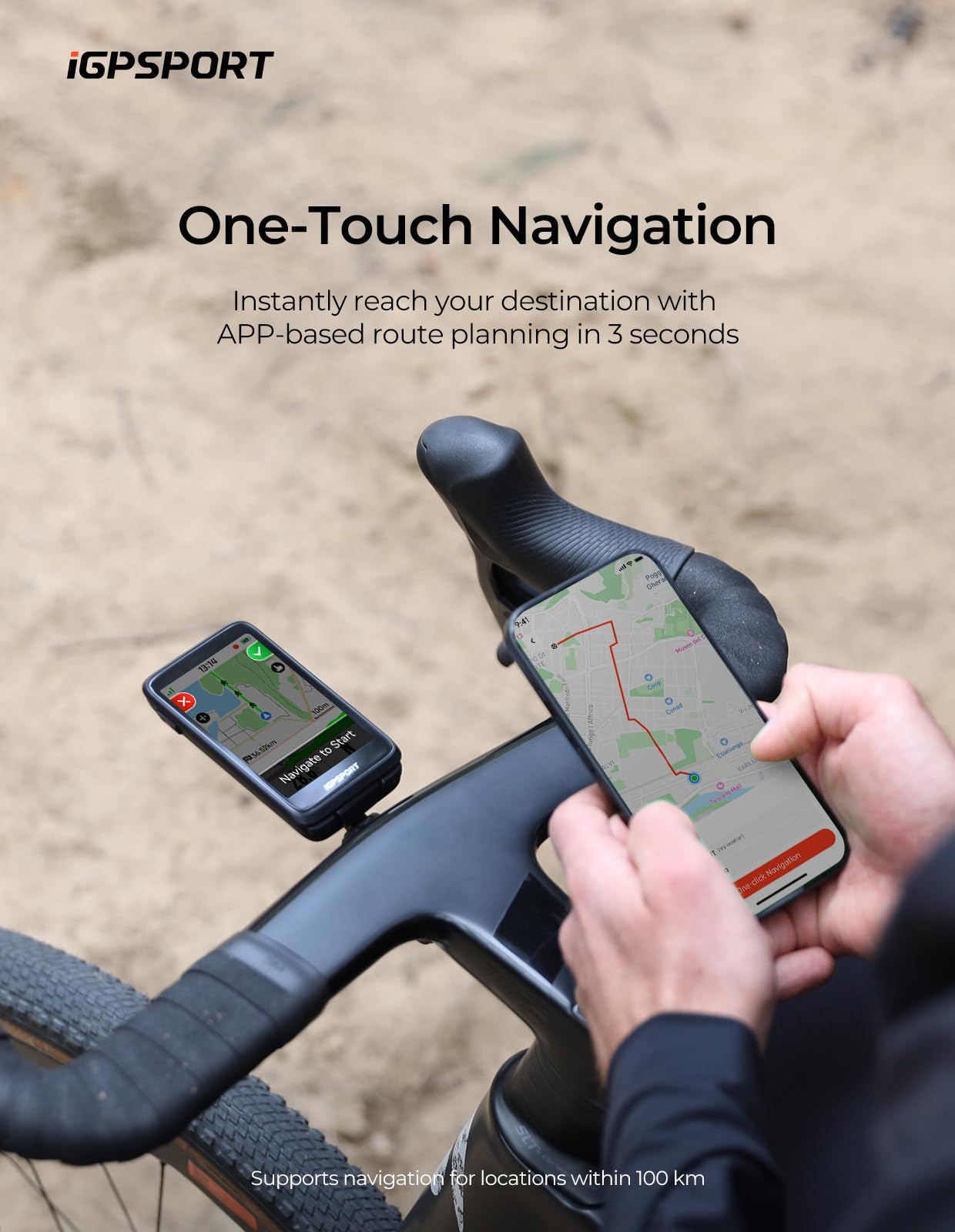 iGPSPORT BiNavi held in hand to show compact size and ergonomics