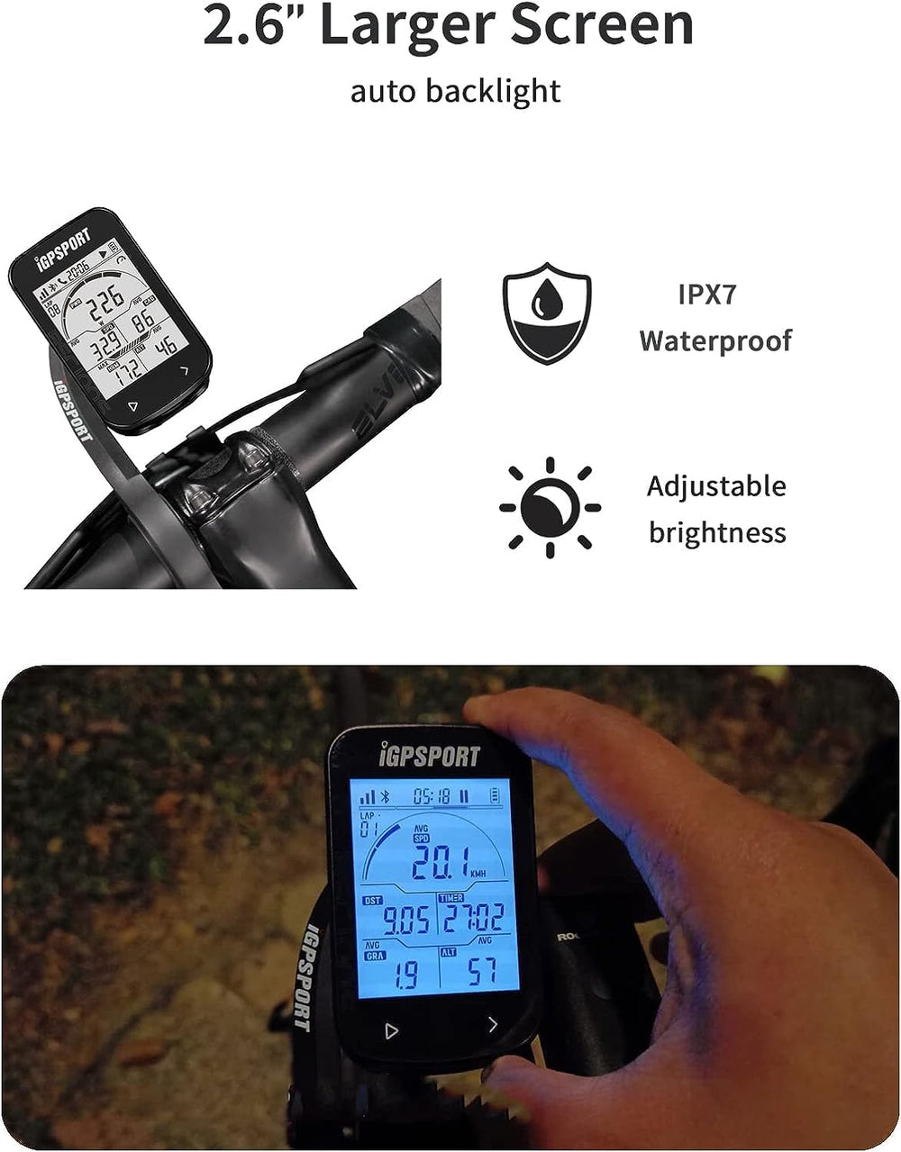 iGPSPORT close-up of anti-glare screen texture improving daylight readability