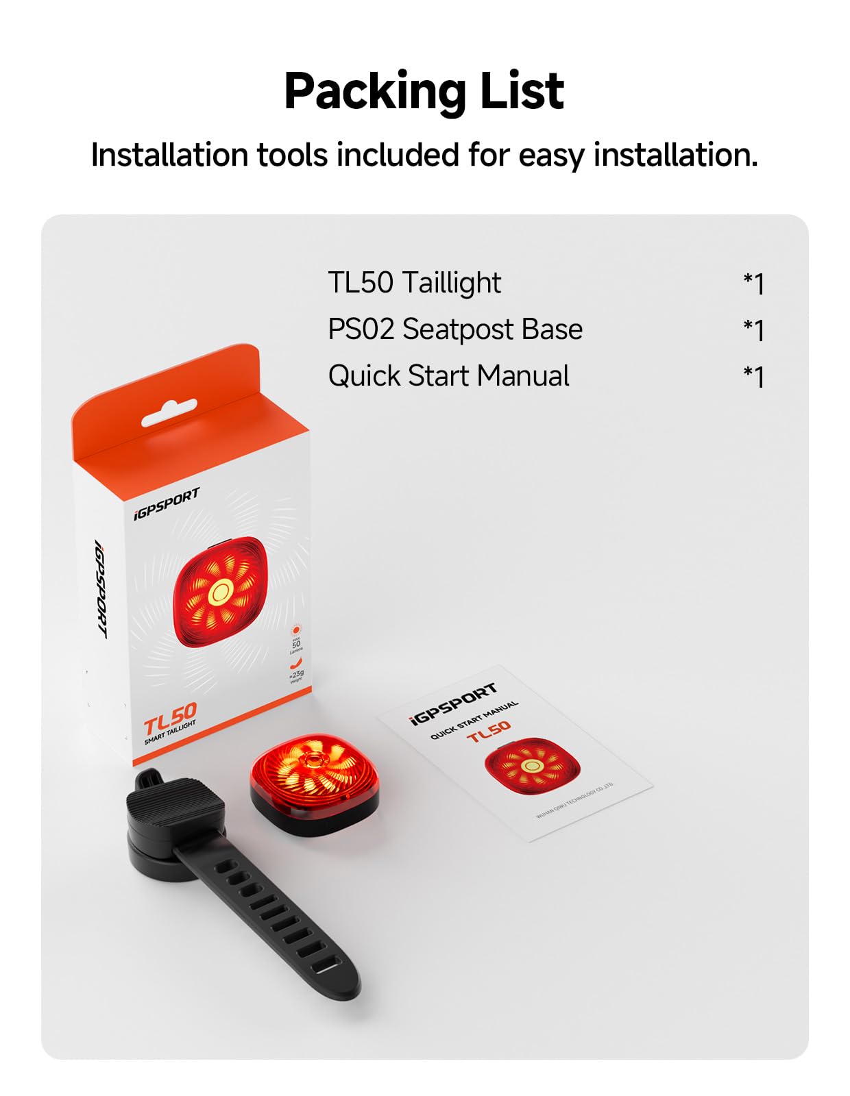 iGPSPORT TL50 packaging and included mounts showing all parts ready for installation