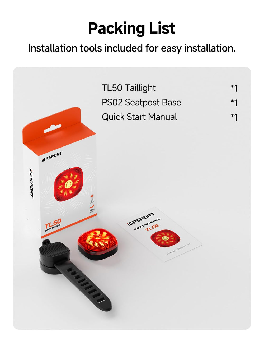iGPSPORT TL50 packaging and included mounts showing all parts ready for installation