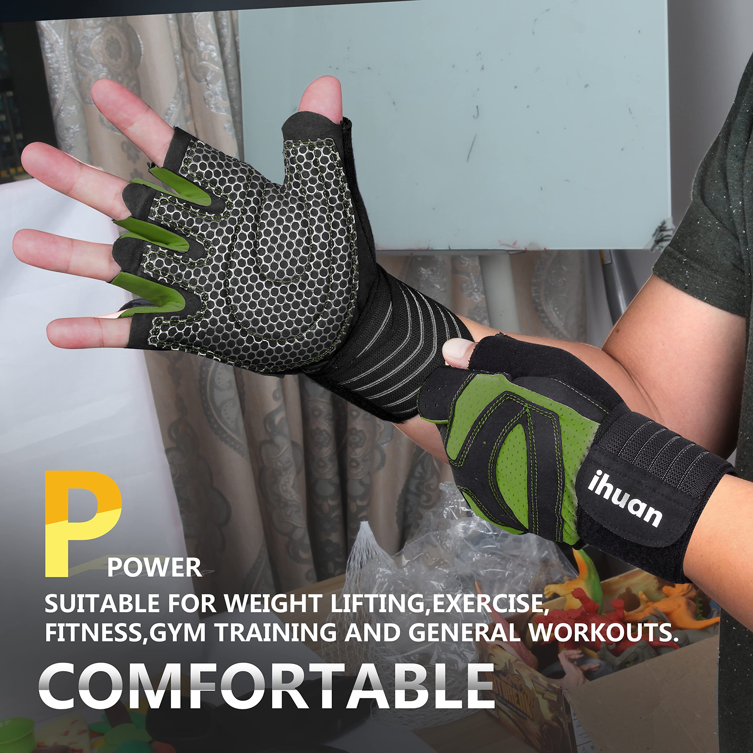 ihuan wrist wrap adjustment detail showing Velcro support for stable lifts