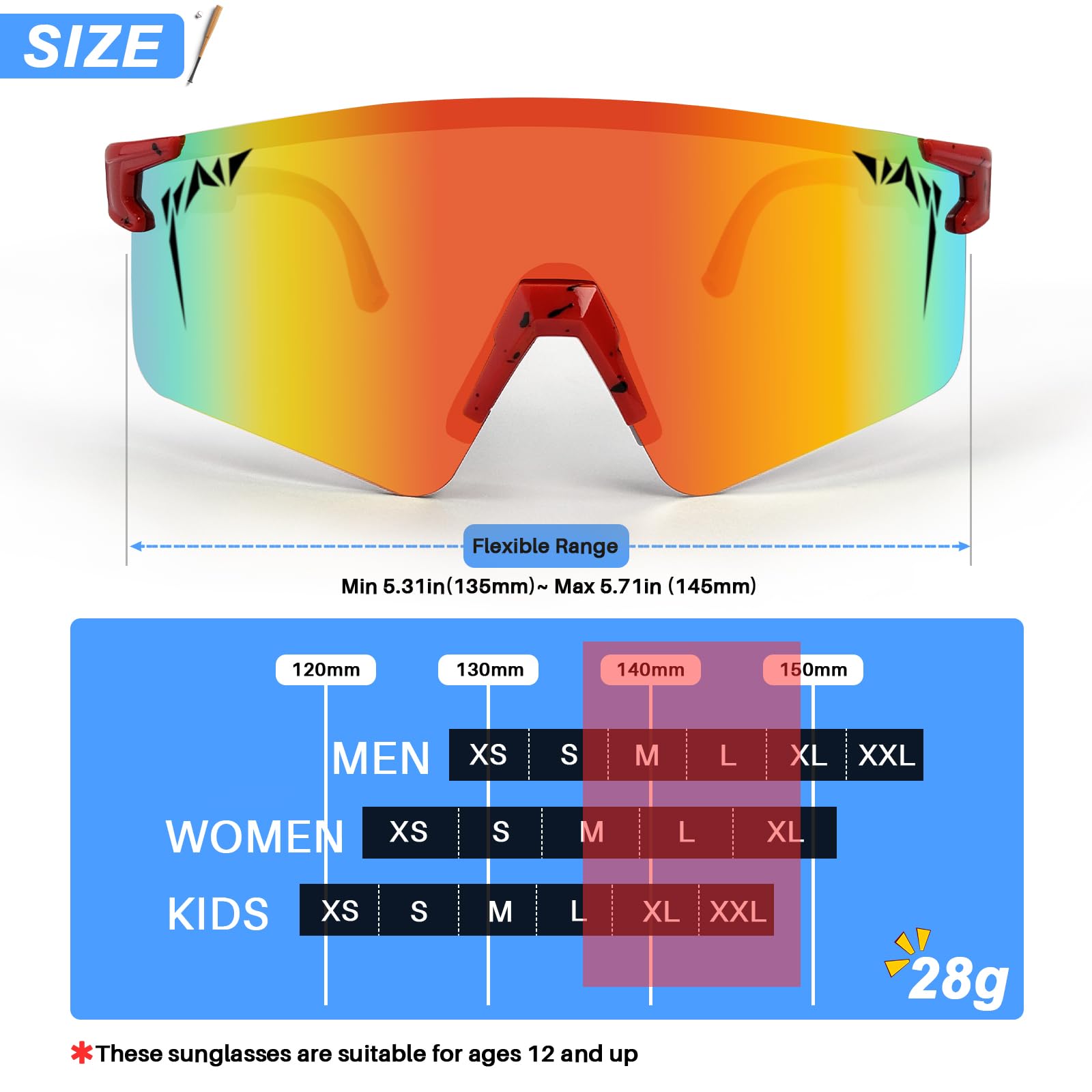 IKTOD sunglasses next to ruler illustrating lens and temple dimensions