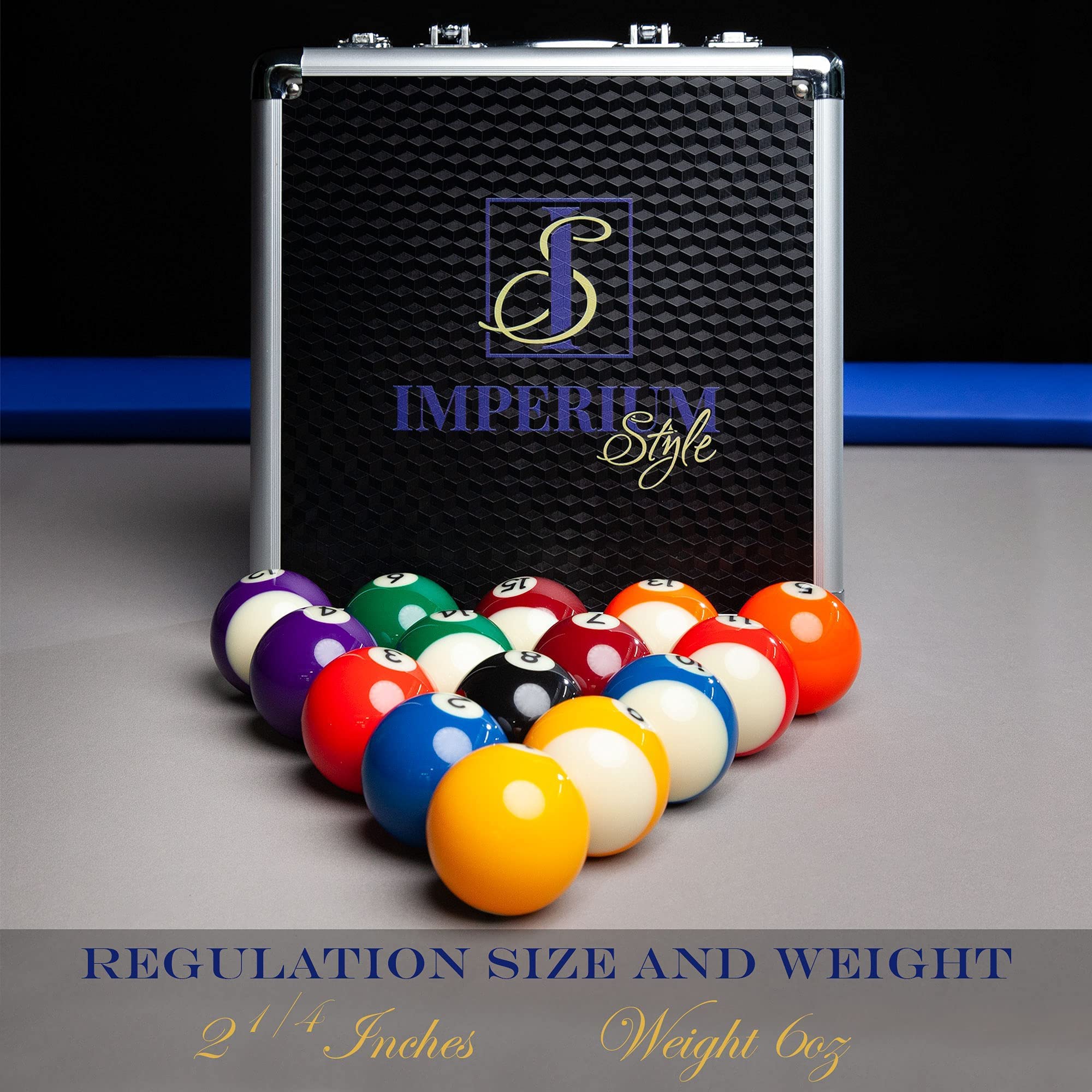Imperium Style balls arranged in rack on table for ready-to-play convenience
