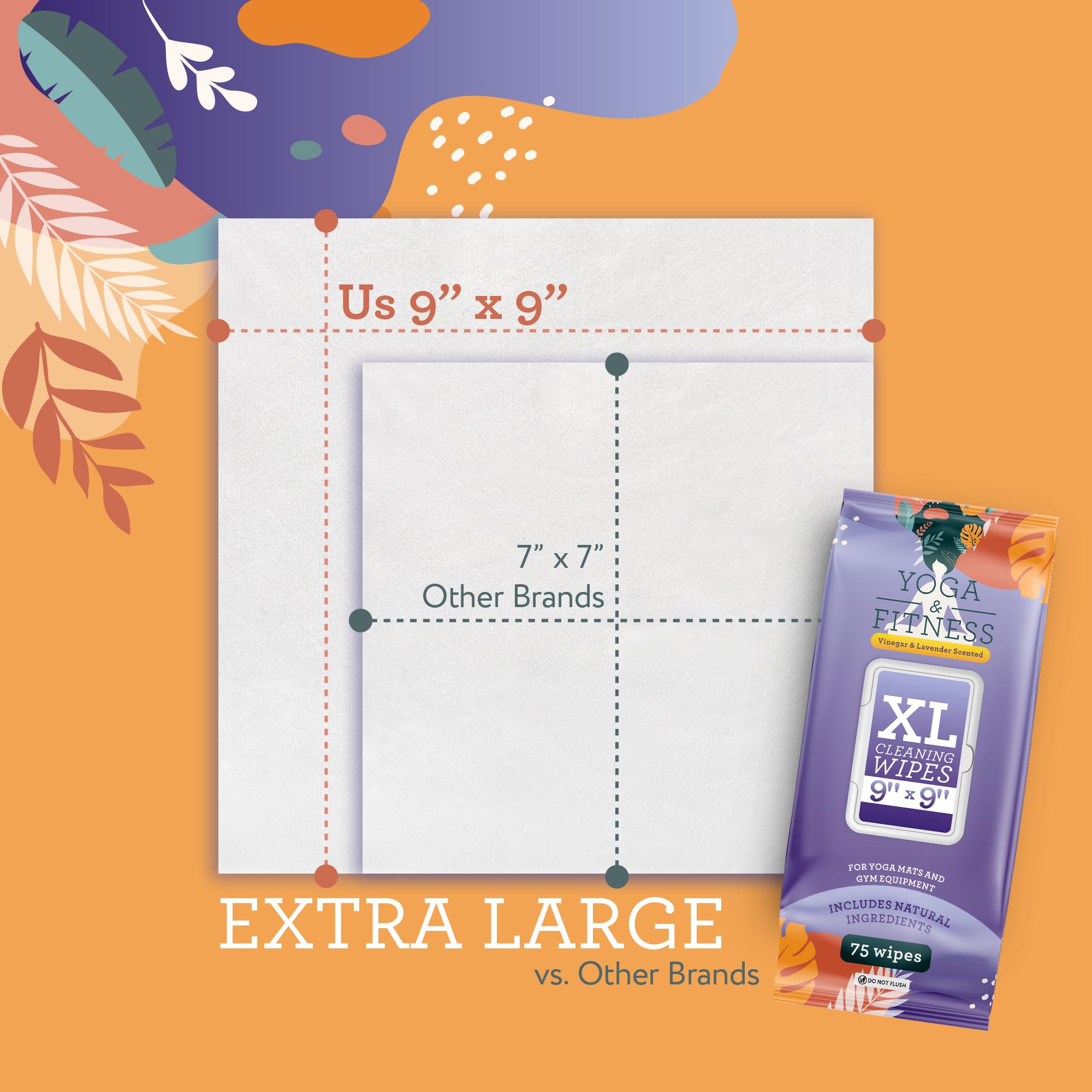 IMPRESA wipe next to yoga mat showing 9x9 inch coverage for faster cleaning