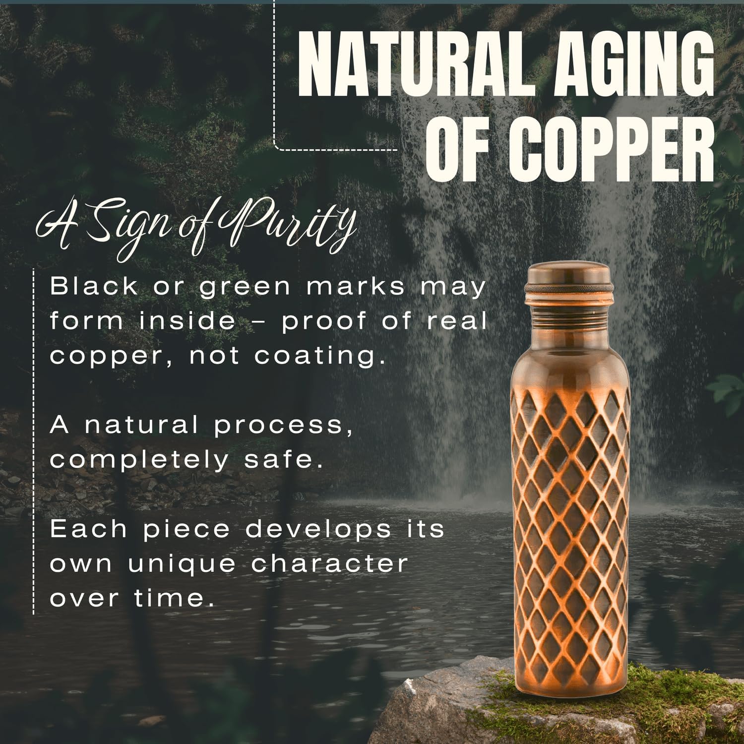 IND MADE bottle next to common objects showing 34 oz size comparison benefit