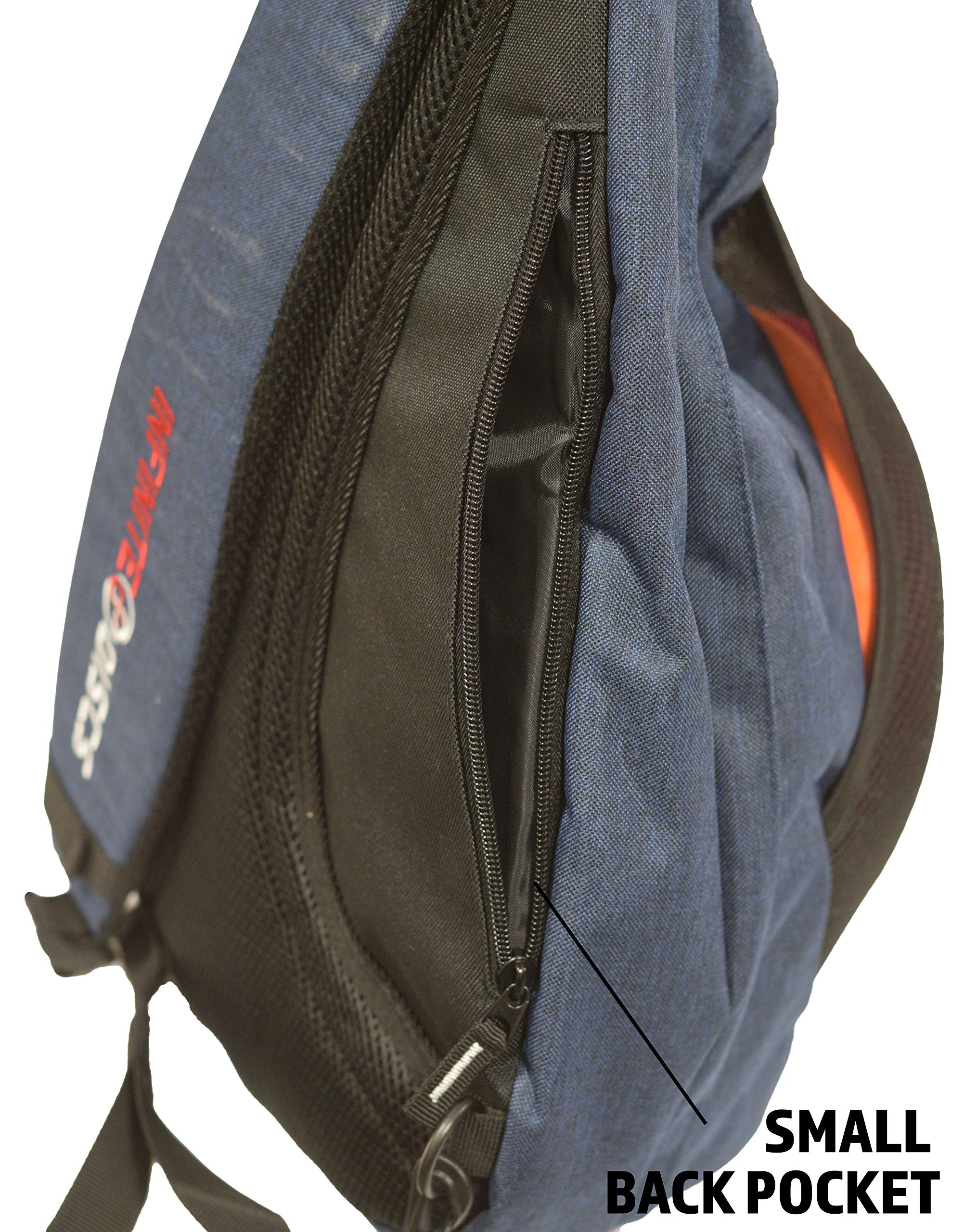 Infinite Discs Slinger Deluxe back zipper pocket with phone and keys stored securely for convenience
