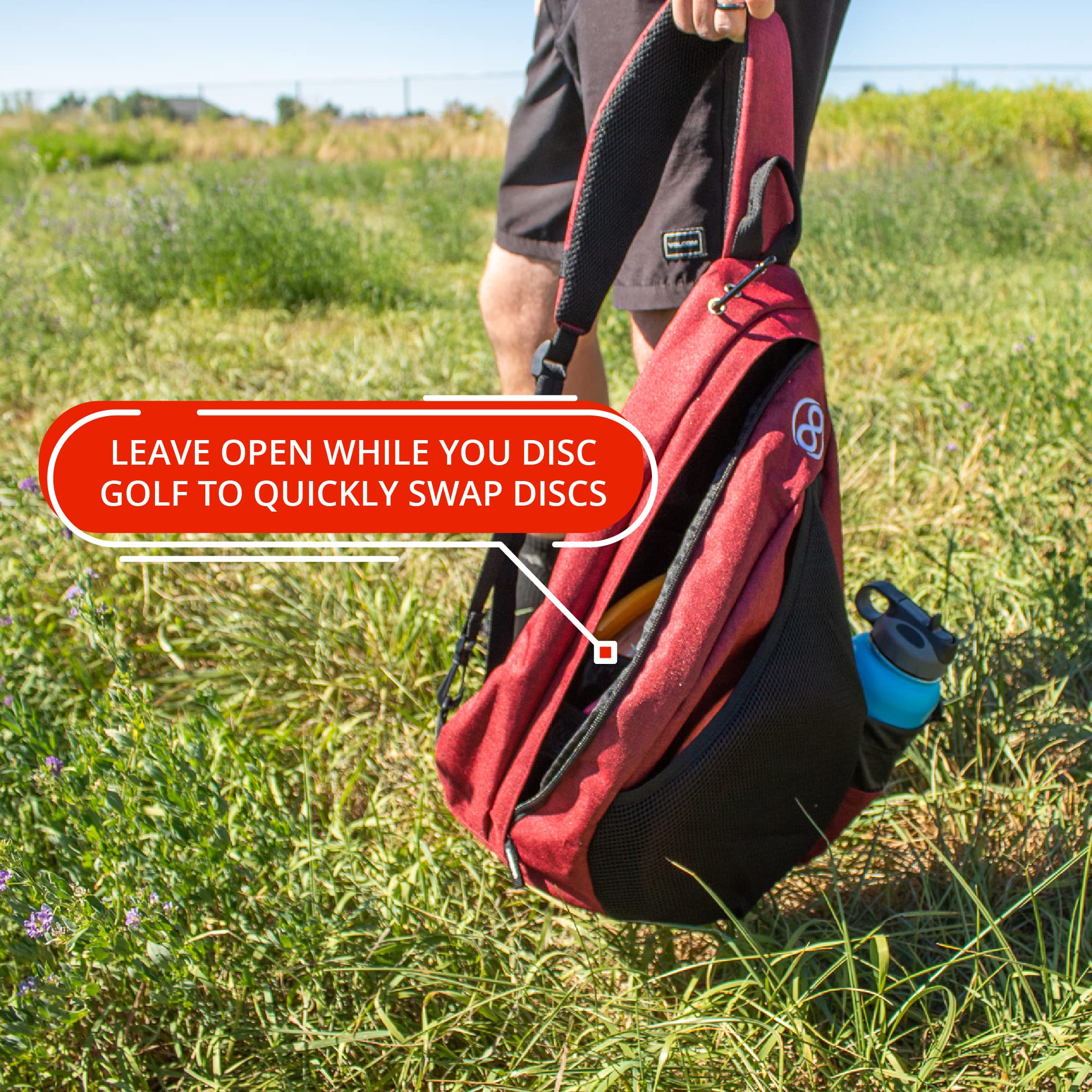Infinite Discs Slinger Deluxe worn by player on course demonstrating lightweight mobility and organized storage