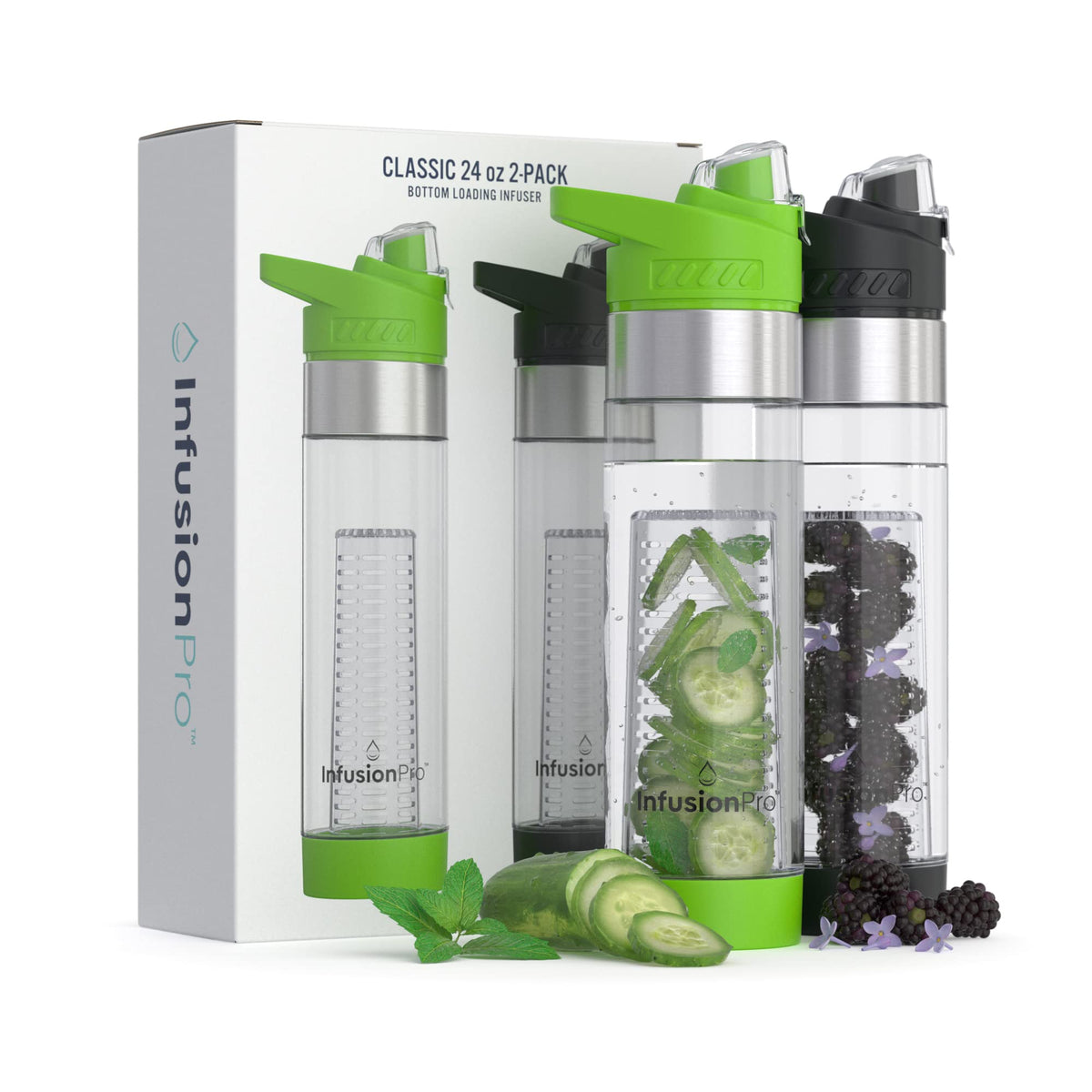 Infusion Pro front view of two-pack bottles showing flip-top lids and handles for convenient carrying