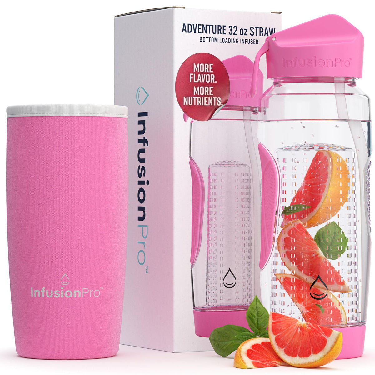 Infusion Pro front view showing bottle and sleeve, highlights capacity and style