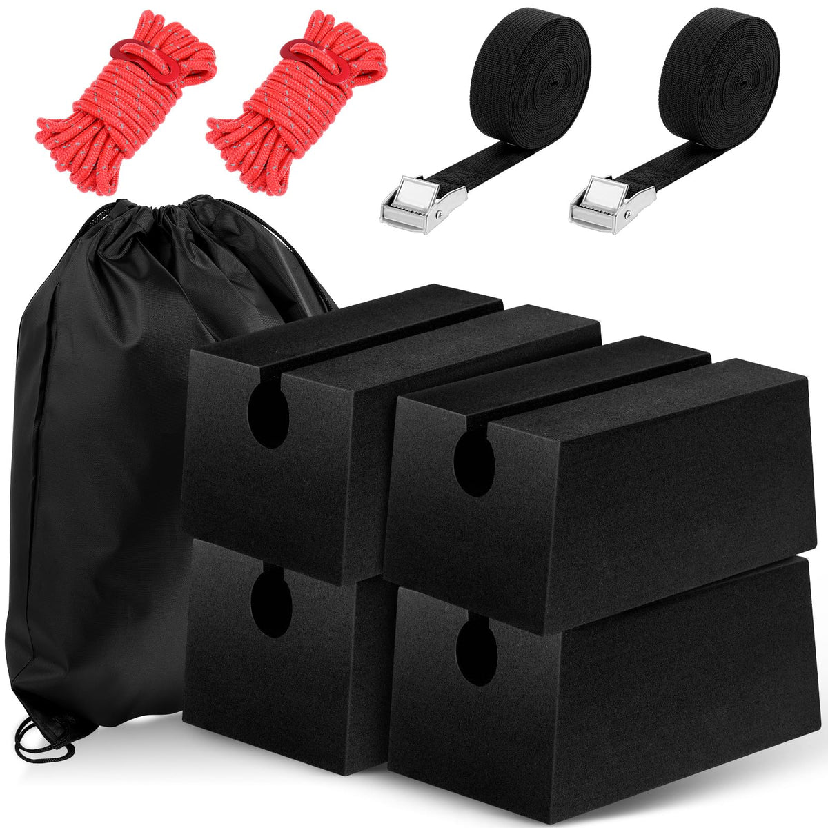 Innconee front packaging showing foam blocks and straps, organized for quick use