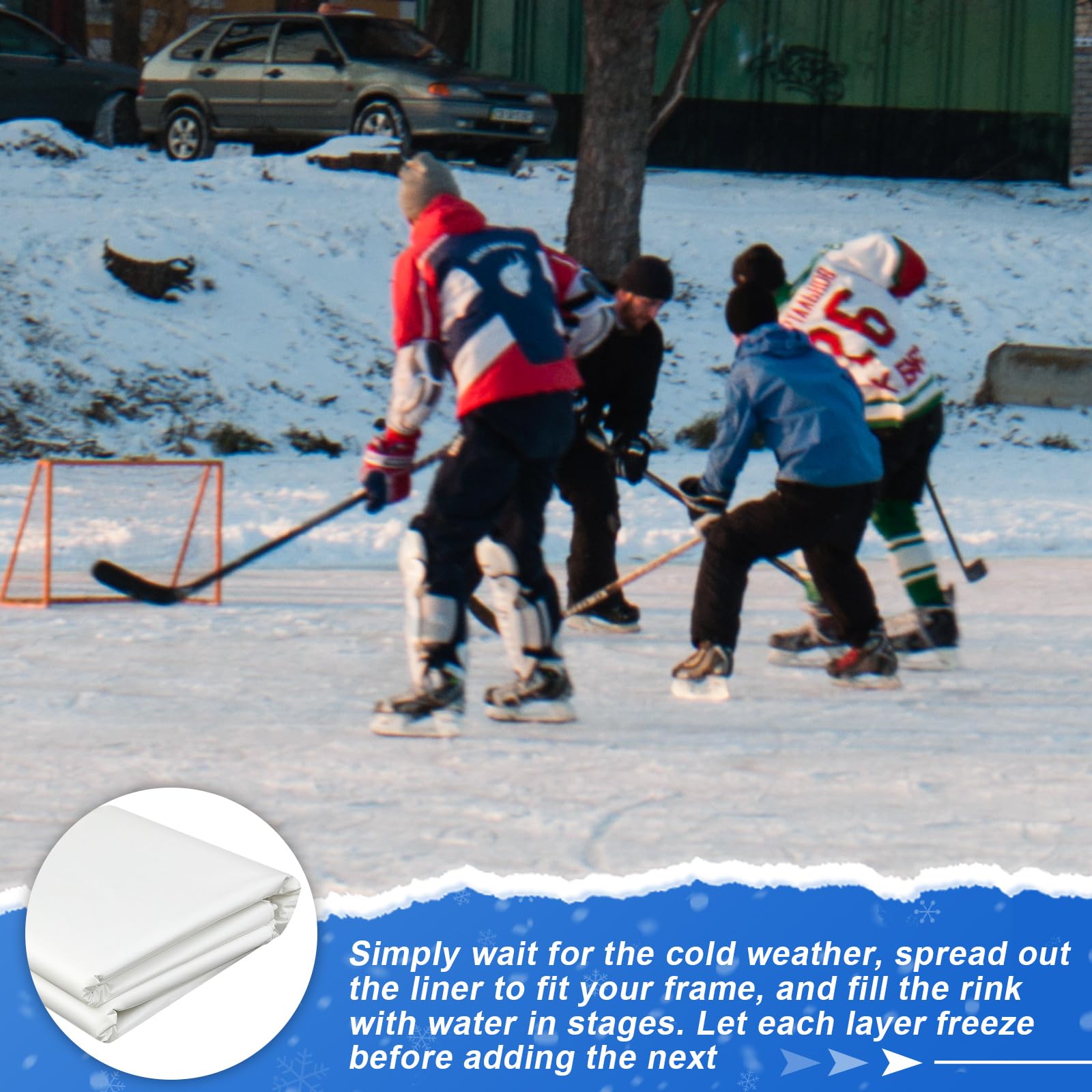 Innconee family skating on rink with liner illustrating easy setup and seasonal fun