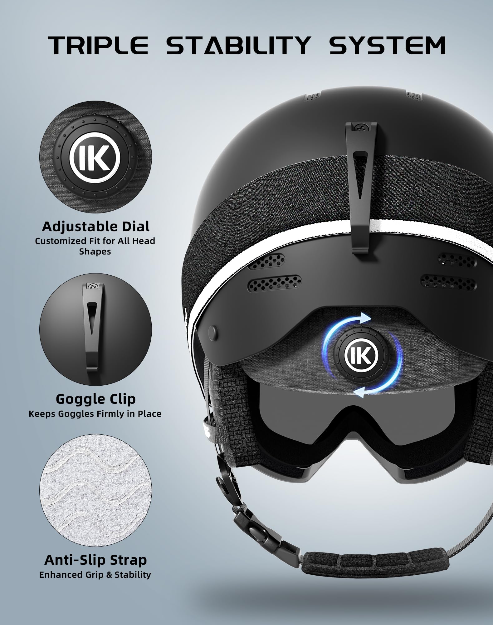 InnerKing helmet dial-fit detail showing adjustable secure-fit benefit