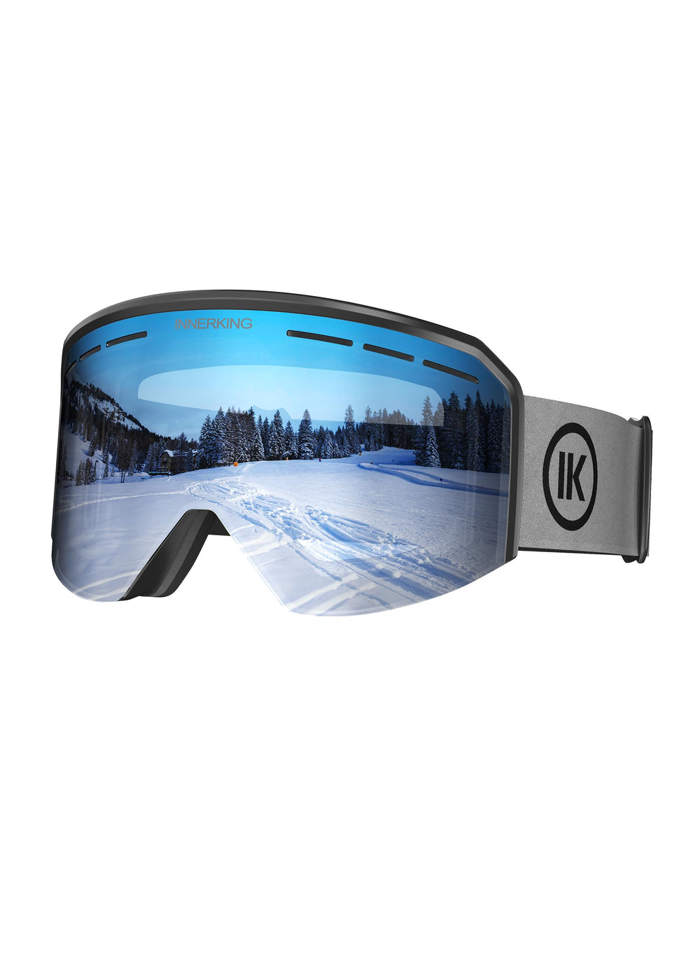 Innerking front view of goggles showing panoramic lens and clear field of vision