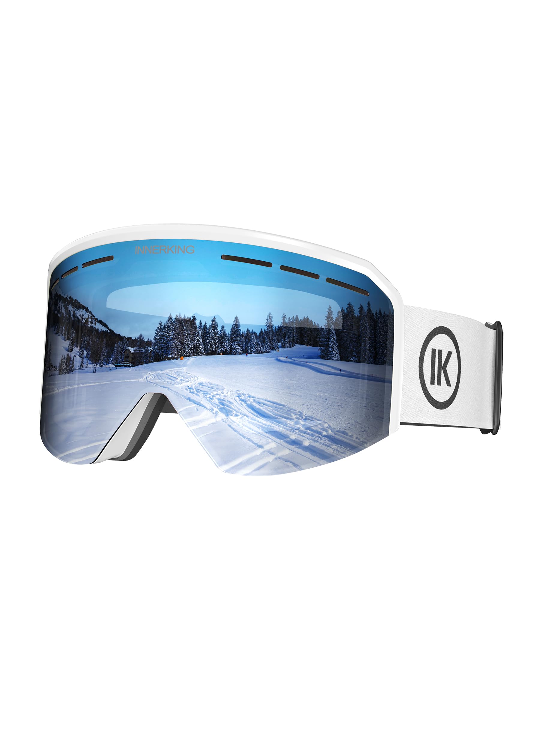 Innerking front view of goggles showing full panoramic lens and clear vision benefit