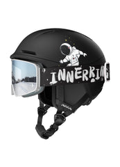 InnerKing front view showing helmet with goggles and secure fit benefit