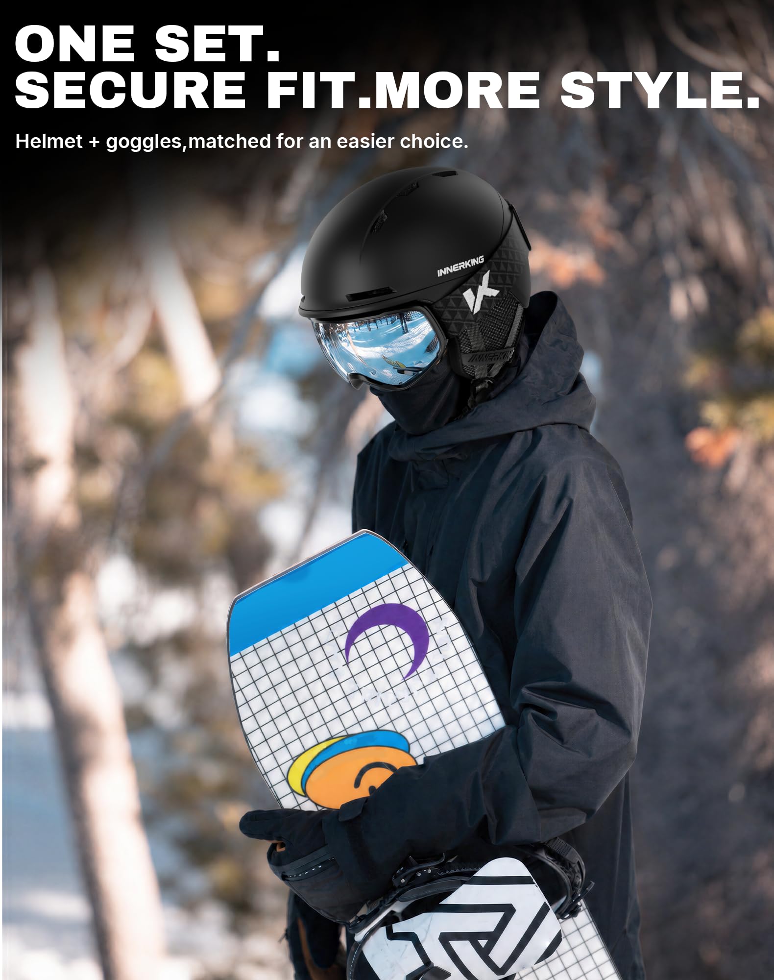 InnerKing helmet worn with goggles and fastened buckle for stable ride benefit