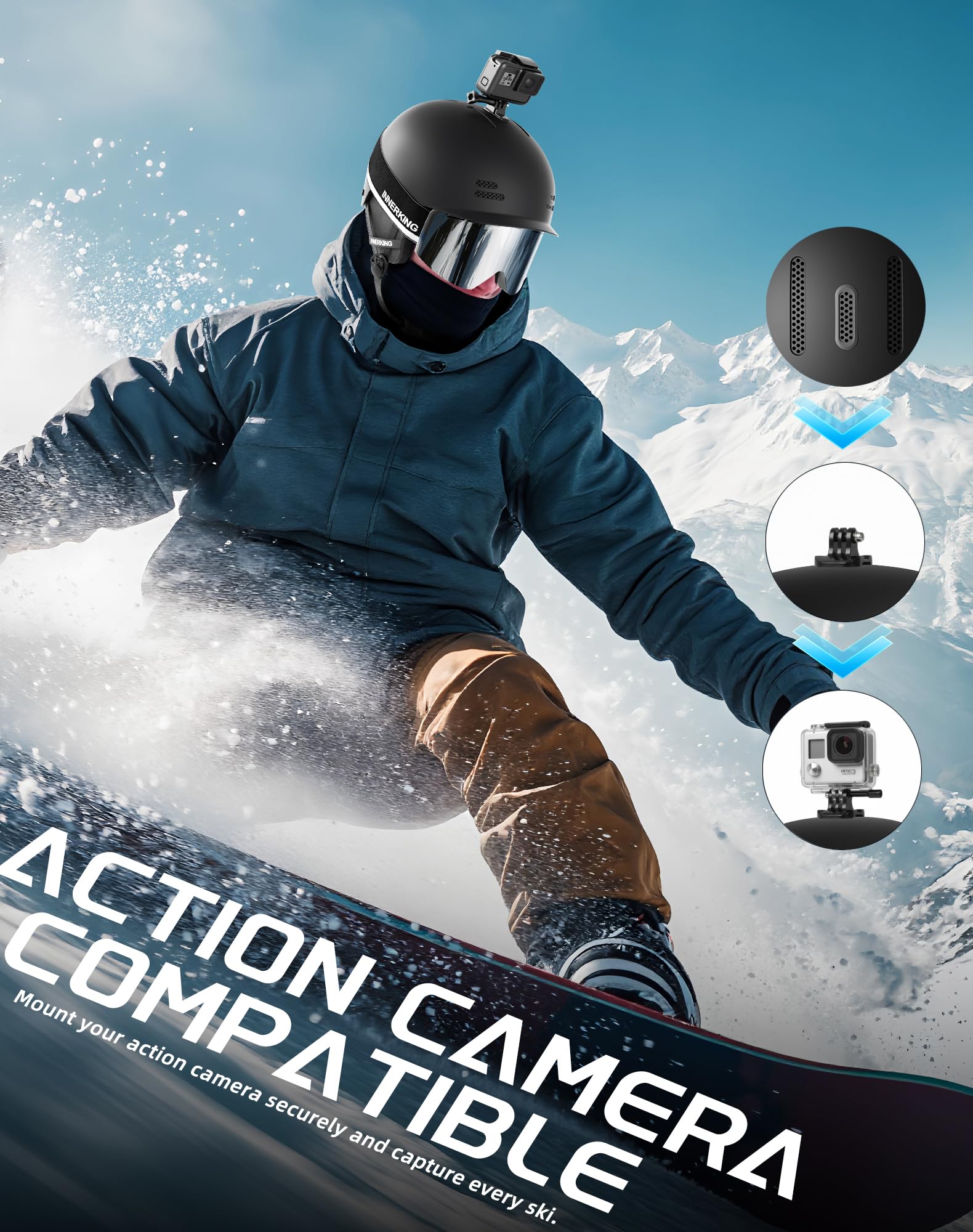 InnerKing helmet side with camera mount enabling hands-free POV recording