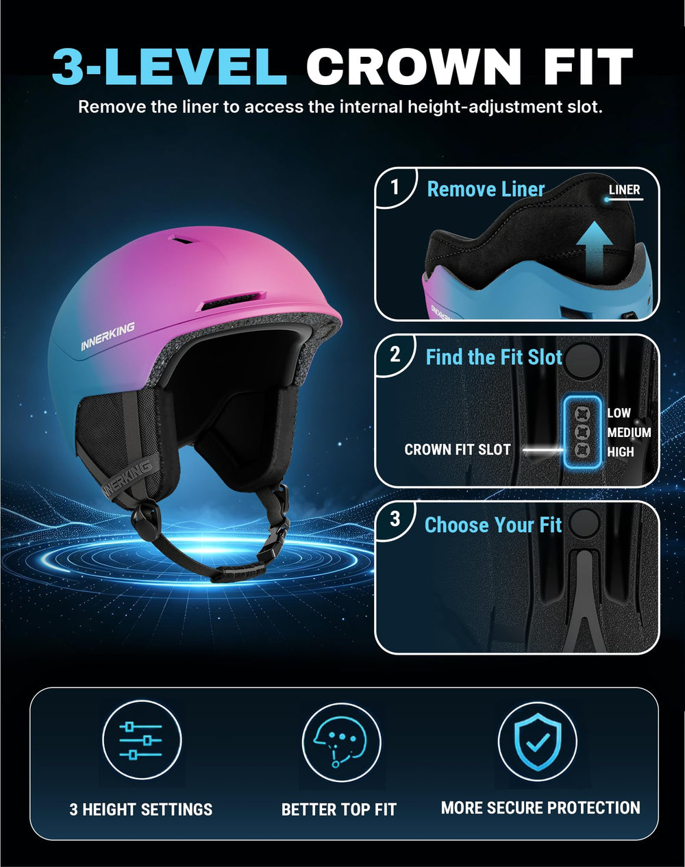 InnerKing helmet side profile with goggle-compatible shape and stability benefit