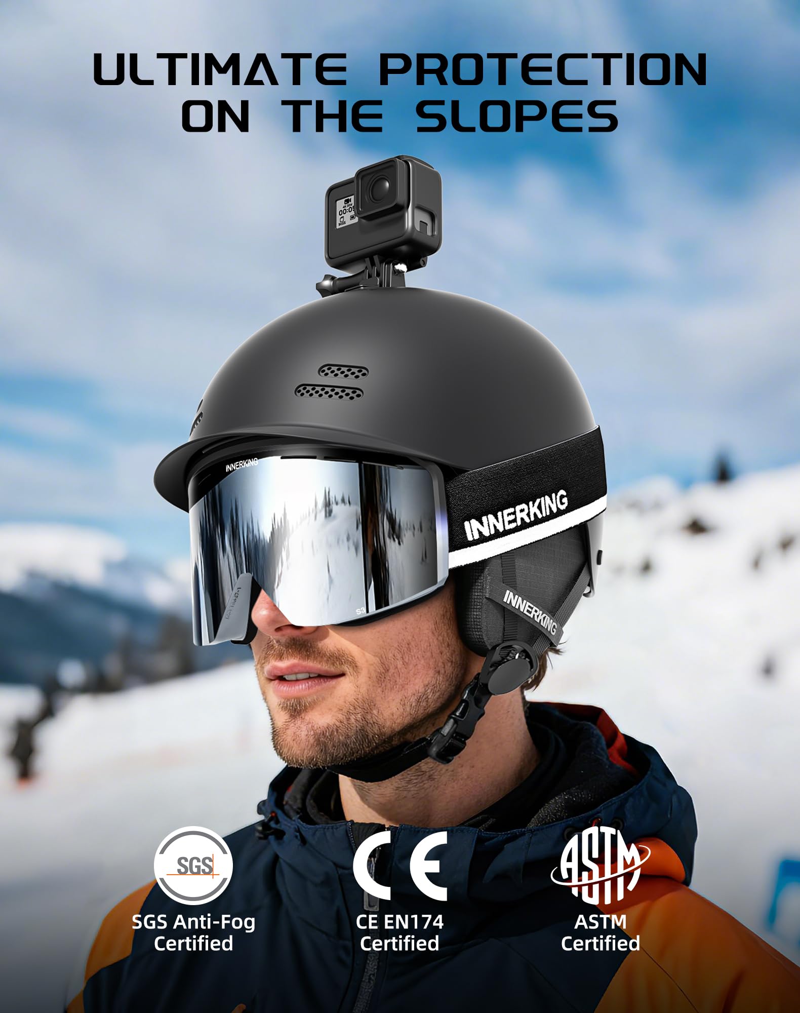 InnerKing helmet worn on slope showing action filming and protection benefit