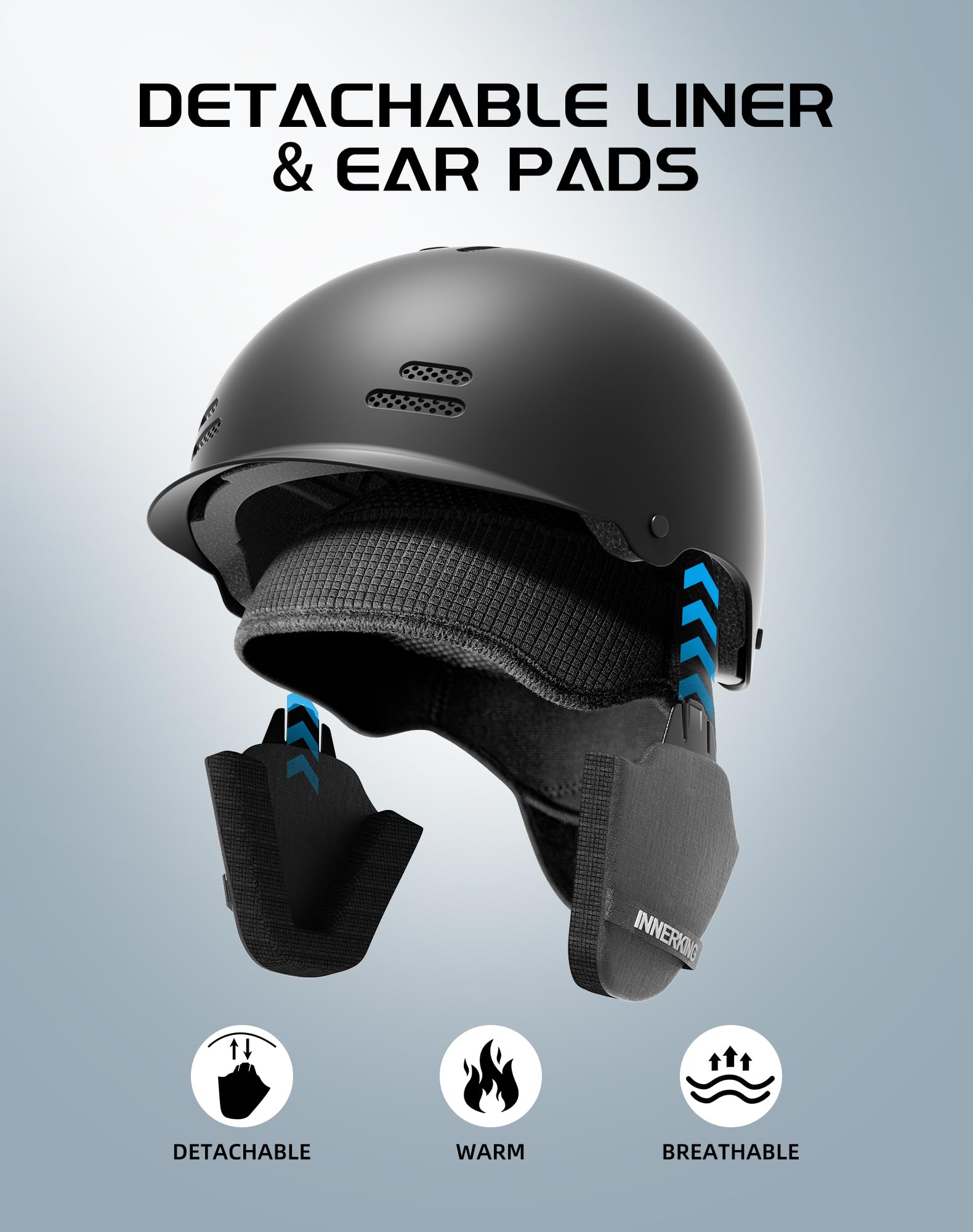 InnerKing helmet removable liner showing comfort and washable benefit