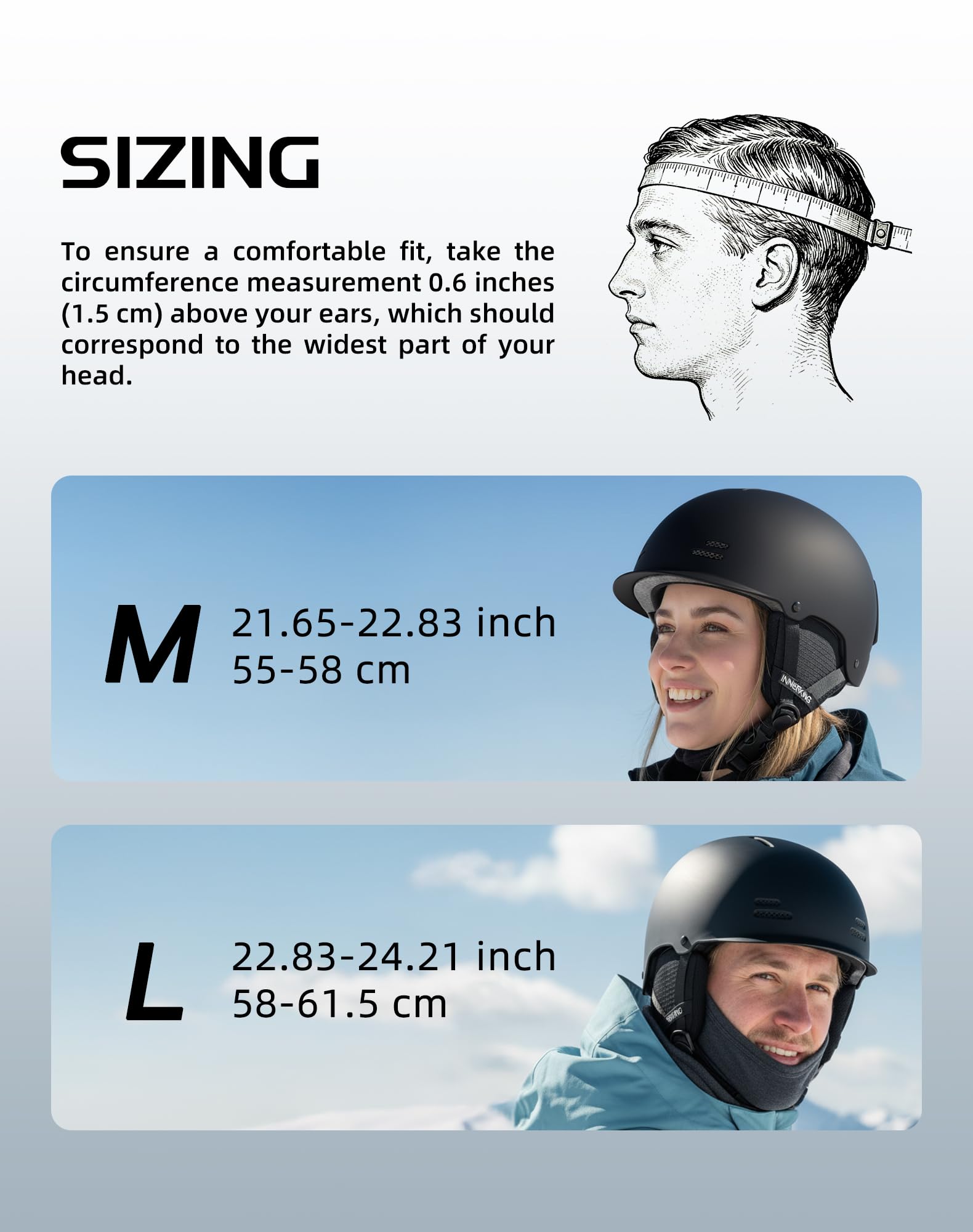 InnerKing helmet next to ruler showing size reference and fit benefit