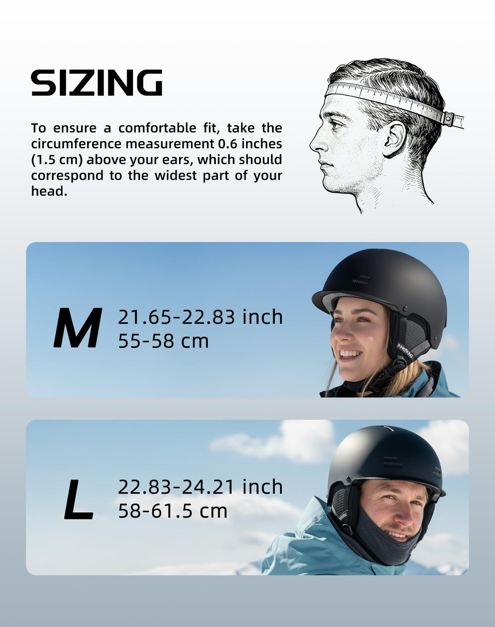 InnerKing helmet next to ruler showing size reference and fit benefit