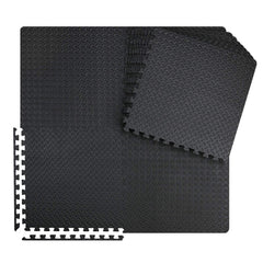 innhom front packaging showing 12 black interlocking gym tiles protecting floors