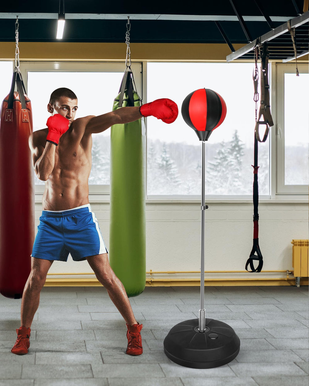 INNOLIFE lifestyle shot in garage showing speed ball set in use for quick home cardio sessions